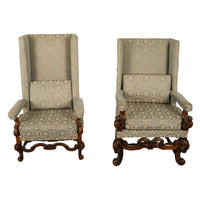 Pair 17th Century Style Carolean Carved Walnut Throne Wing Back Armchairs 1860