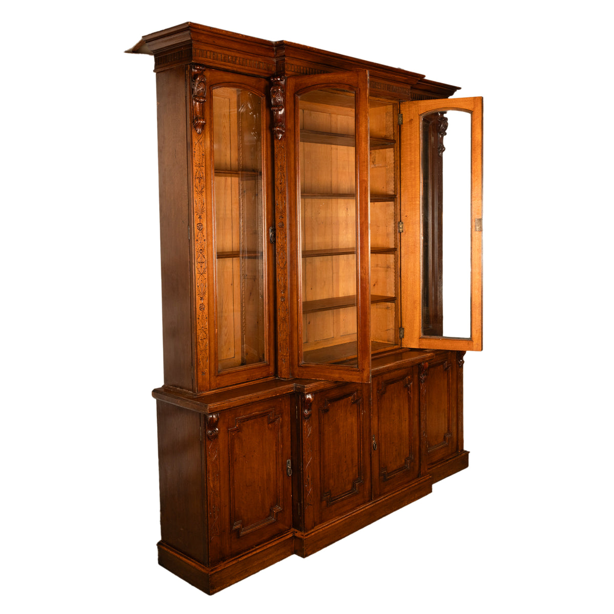 Antique Monumental Irish Carved Oak Breakfront Bookcase Library Bibliotheque circa 1860