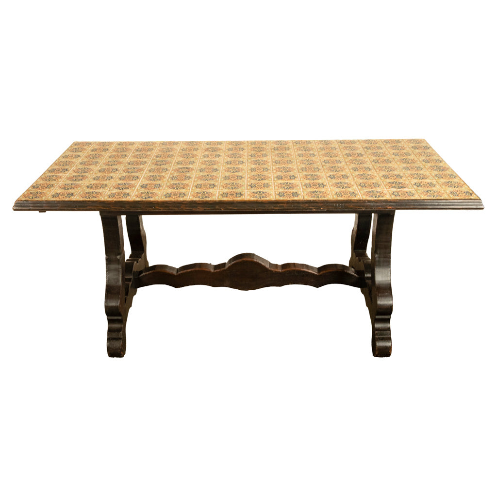 Antique Spanish Colonial Hacienda Walnut Talavera Tile Top Table Six Chairs 1890
