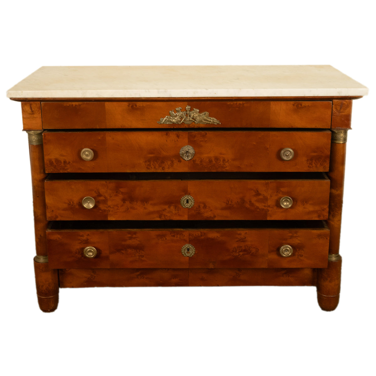 Antique 19th Century French Empire Burl Walnut Marble Ormolu Chest Drawers Commode 1810