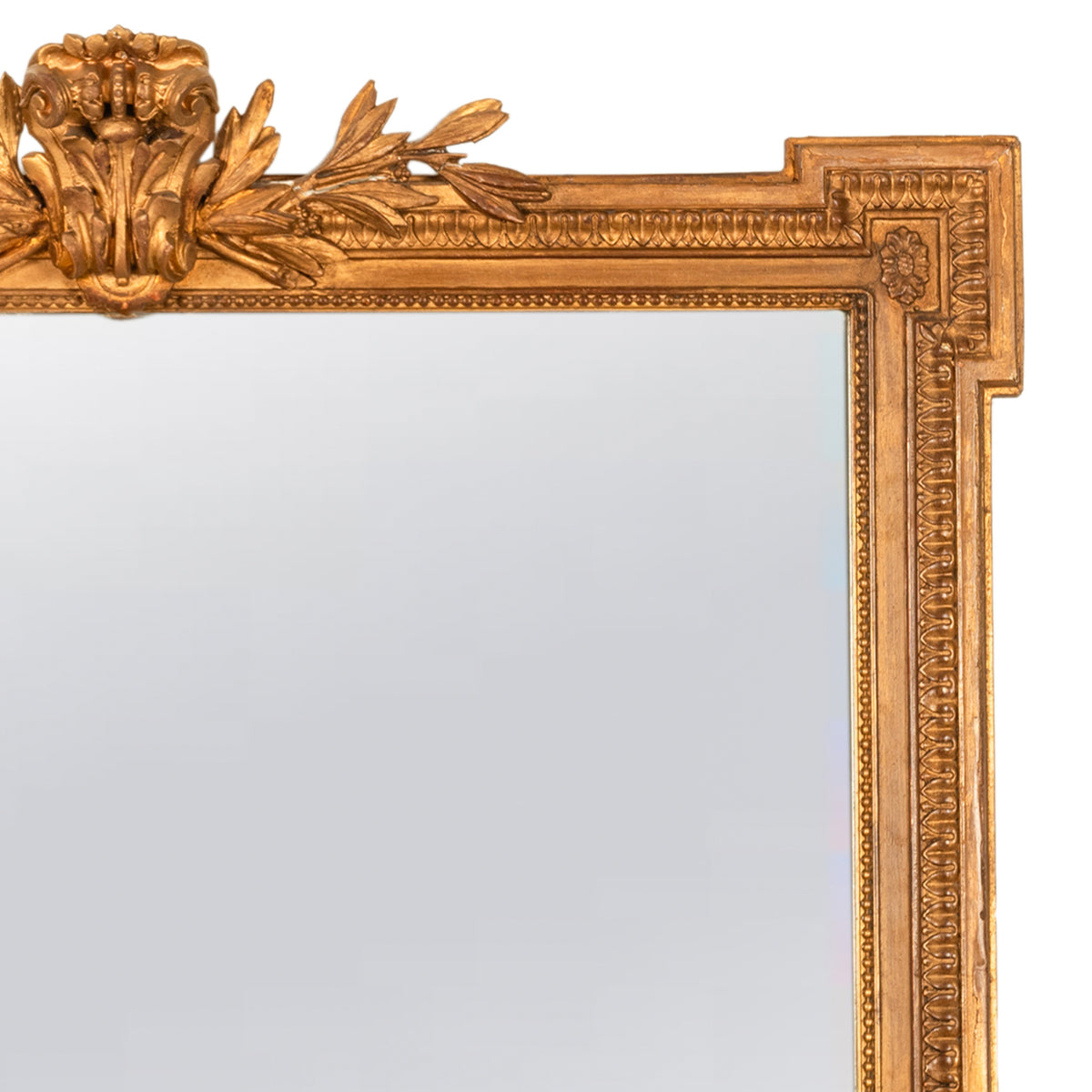 Large Antique 19th Century French Louis XVI Giltwood Crested Wall Mirror 1850