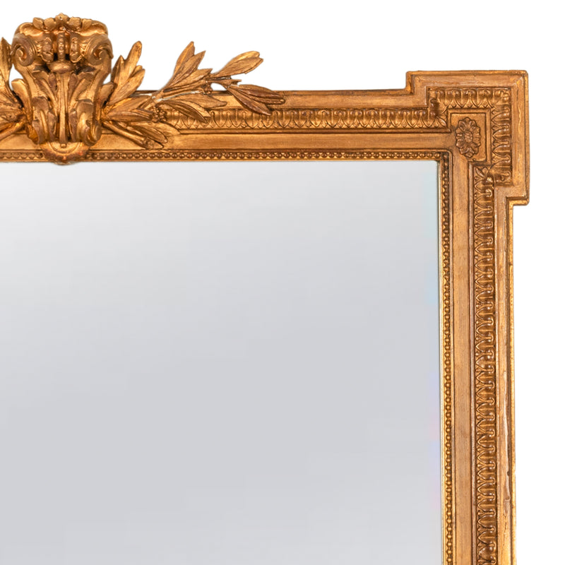 Large Antique 19th Century French Louis XVI Giltwood Crested Wall Mirror 1850