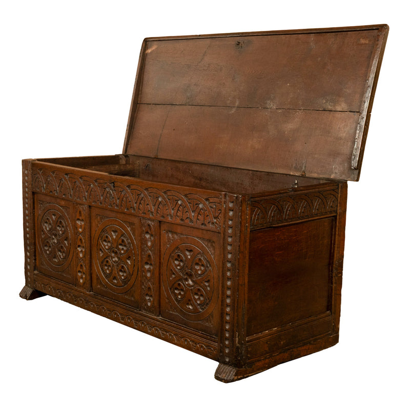 Antique English 17th Century William III Carved Oak Coffer Chest Candle Box 1690