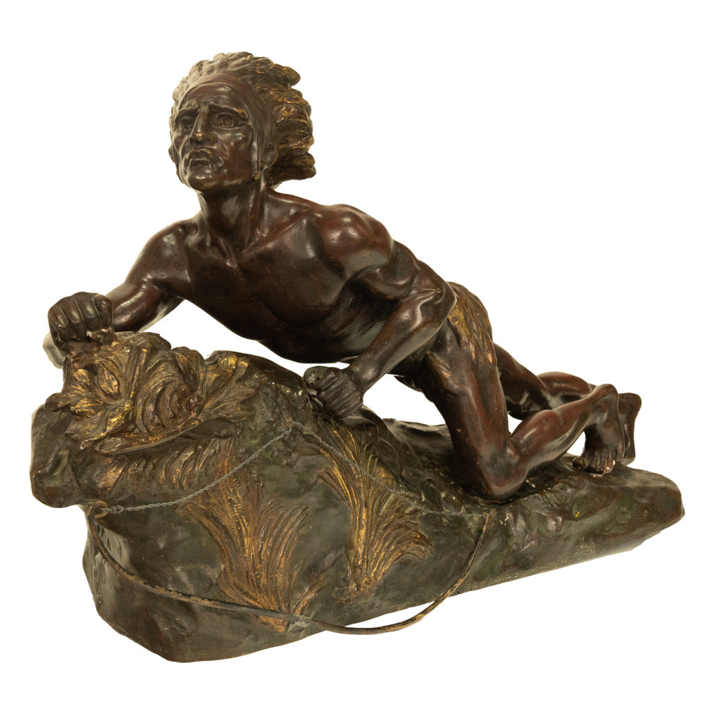 Antique French Art Deco Bronze Sculpture Native American Indian Hunter Scout by René-André Varnier, Circa 1920