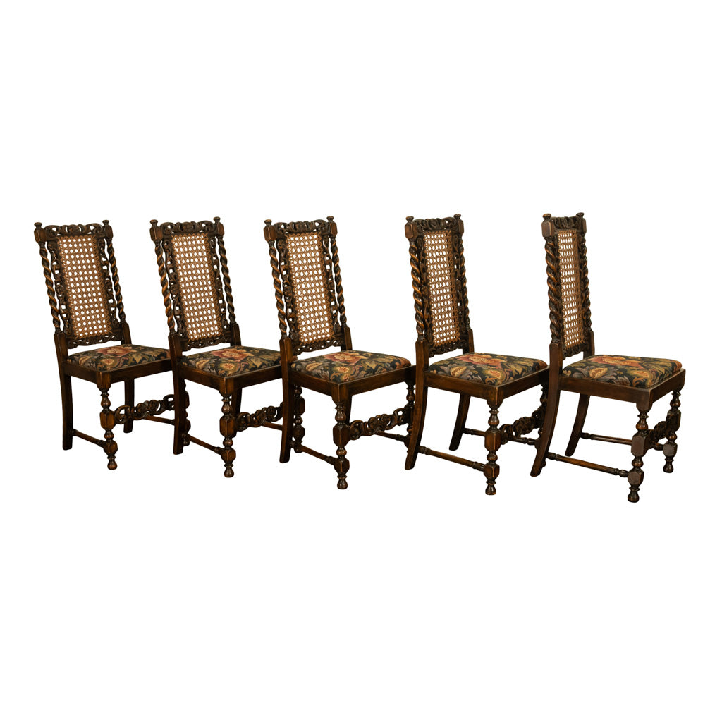 Antique 19thC Set 6 Carved Caned Jacobean Barley Twist Walnut Dining Chairs 1870