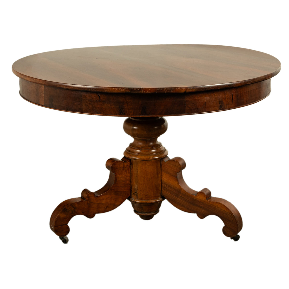 Antique Round Carved French Walnut Pedestal Tripod Dining Center Table 1850