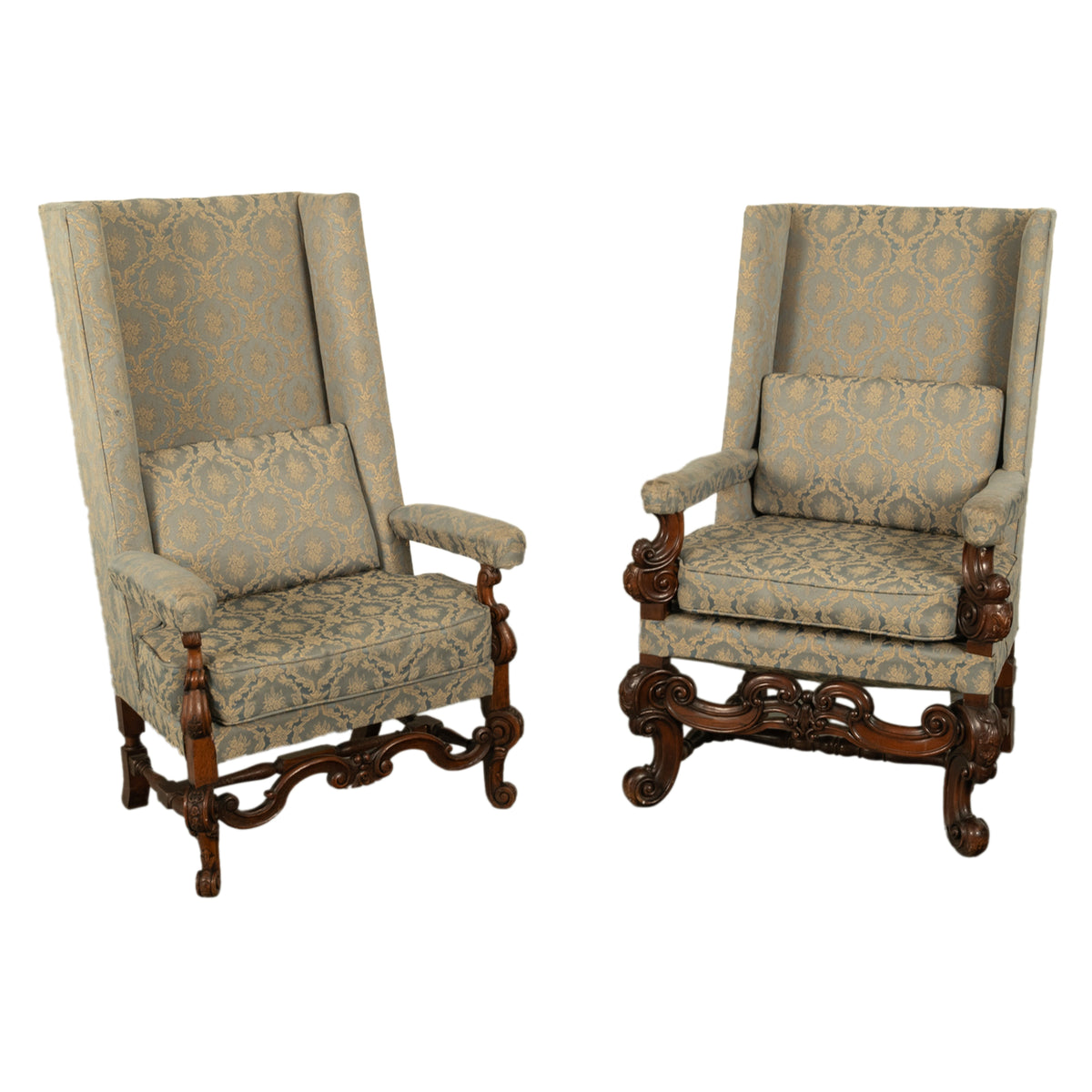 Pair 17th Century Style Carolean Carved Walnut Throne Wing Back Armchairs 1860