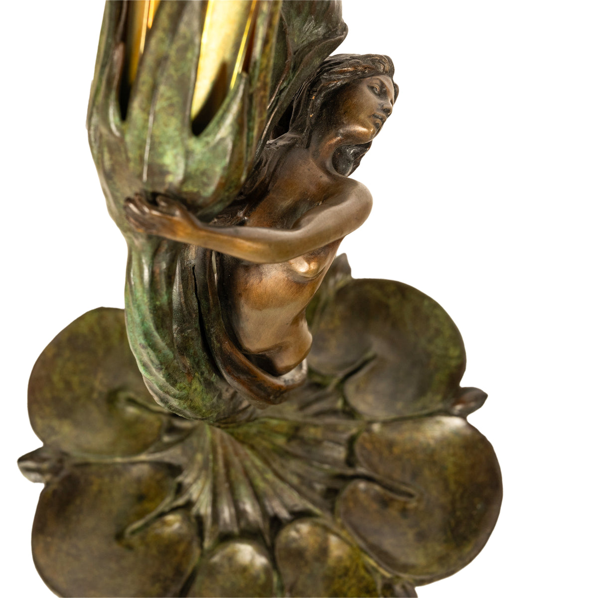 Antique Art Nouveau Austrian Bronze Figural Lamp Loetz Glass Gustav Gurschner, 1905