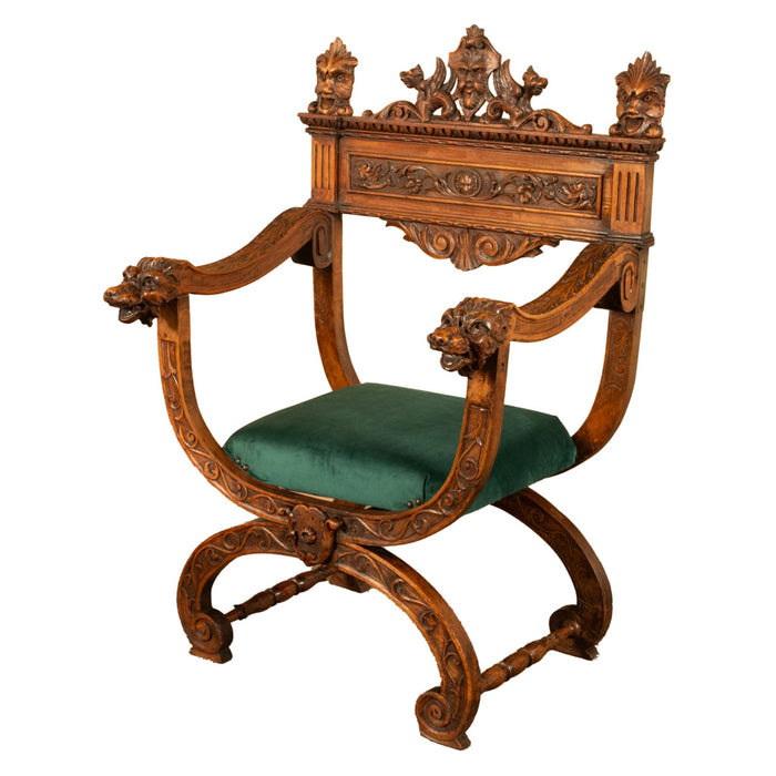 Antique Renaissance Revival Carved Walnut Green Man Savonarola Chair Circa 1890