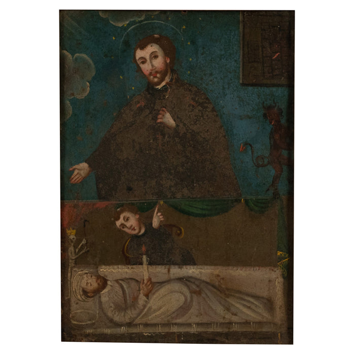 Antique 18thC Spanish Colonial Icon Painting Retablo St. Camillus & Christ 1760