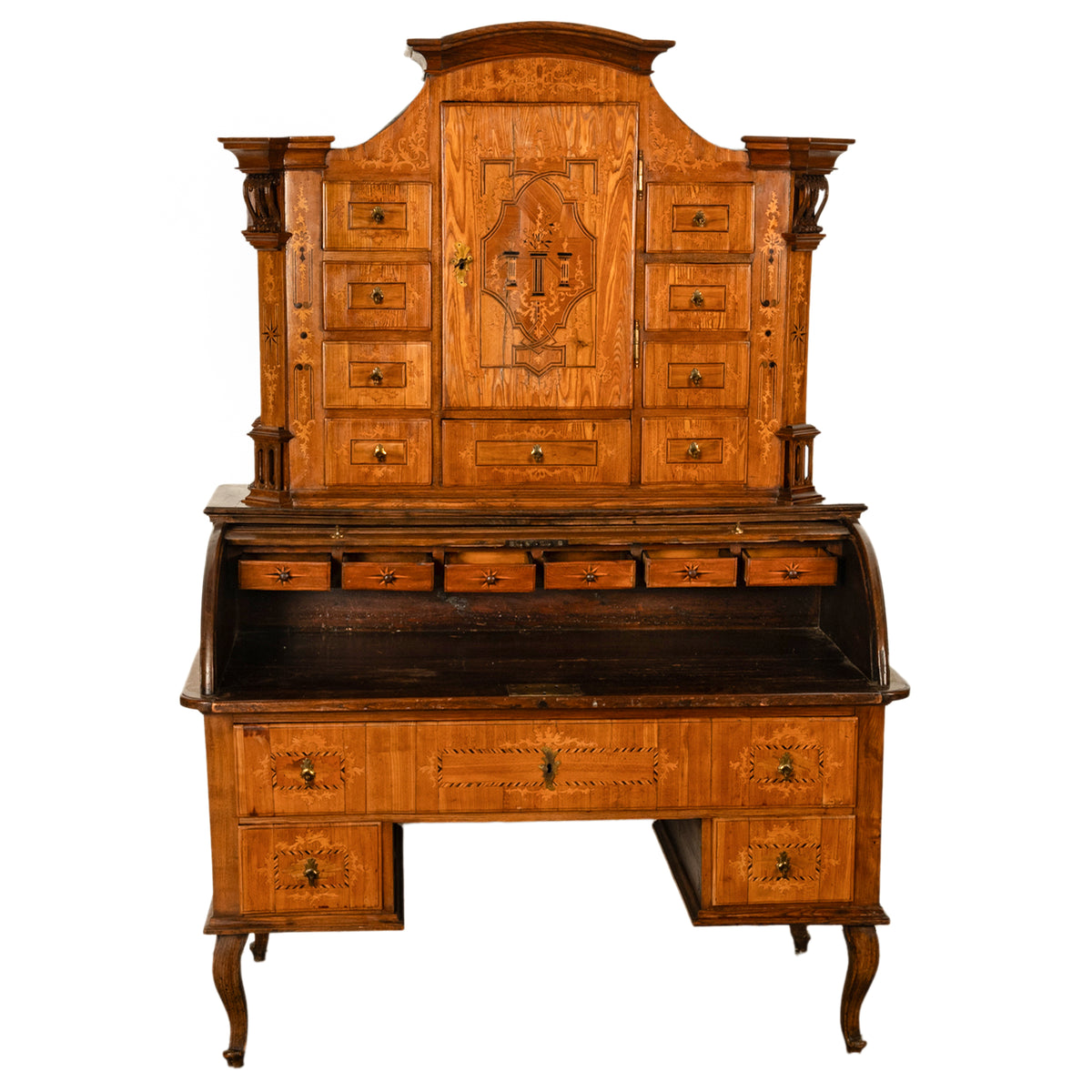 Antique Austrian Baroque Biedermeier Marquetry Roll Top Tabernacle Cabinet Desk Circa 1820