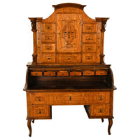 Antique Austrian Baroque Biedermeier Marquetry Roll Top Tabernacle Cabinet Desk Circa 1820