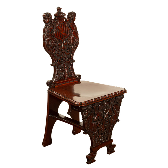 Antique Carved Italian Renaissance Revival Sgabello Chair Coat of Arms & Cherubs, 1870