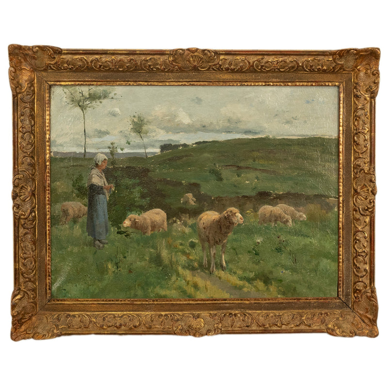 19thC Oil on Canvas French Pastoral Realism Barbizon School Landscape Painting by Harry Thompson, 1885