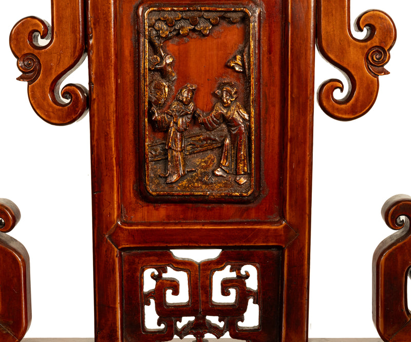 Pair Antique Ming Style Chinese Qing Carved Hardwood Gilt Lacquer Throne Chairs