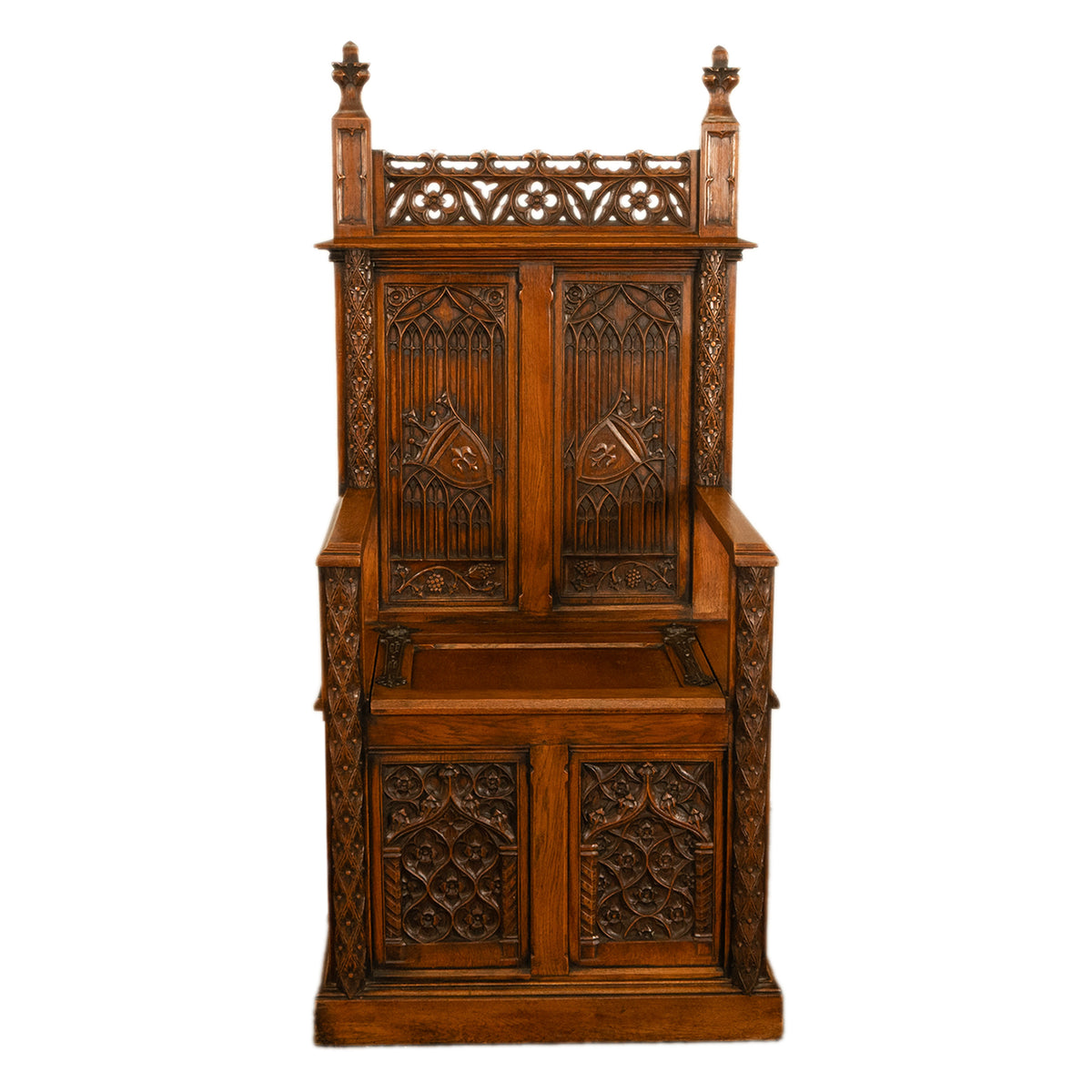 Antique 19thC French Carved Oak Gothic Revival Throne Storage Chair Seat 1880