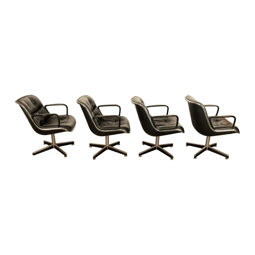 Set of 4 Mid Century Modern Charles Pollock Knoll Black Leather Executive Chairs, 1963