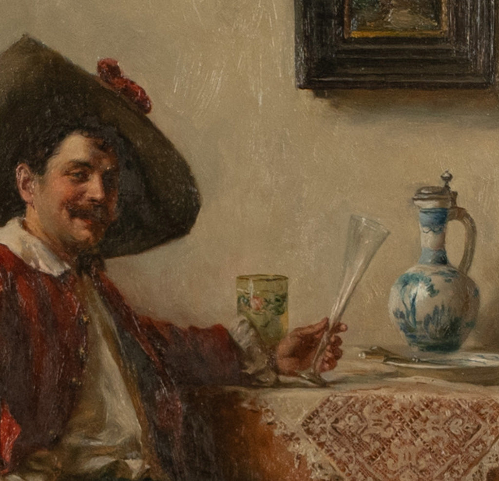 Antique German Genre Oil Painting Portrait Cavalier Drinking Wine by Albert Friedrich Schroder, 1899