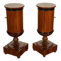 Pair Antique Austrian Walnut Biedermeier Drum Pedestal Cabinets Nightstands 1830