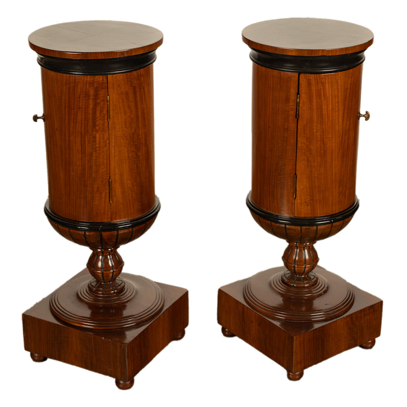 Pair Antique Austrian Walnut Biedermeier Drum Pedestal Cabinets Nightstands 1830