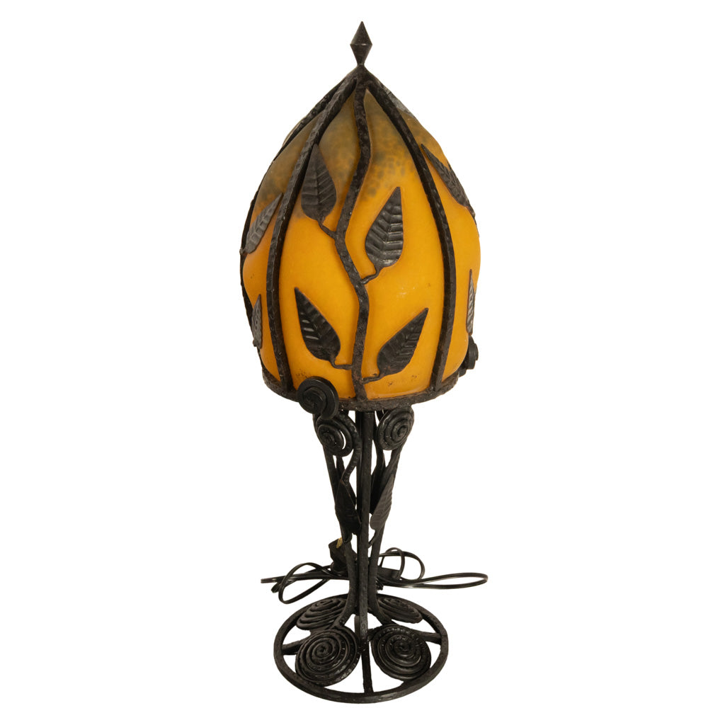 Large Antique French Art Deco Daum Glass & Edgar Brandt Iron Table Lamp 1920s