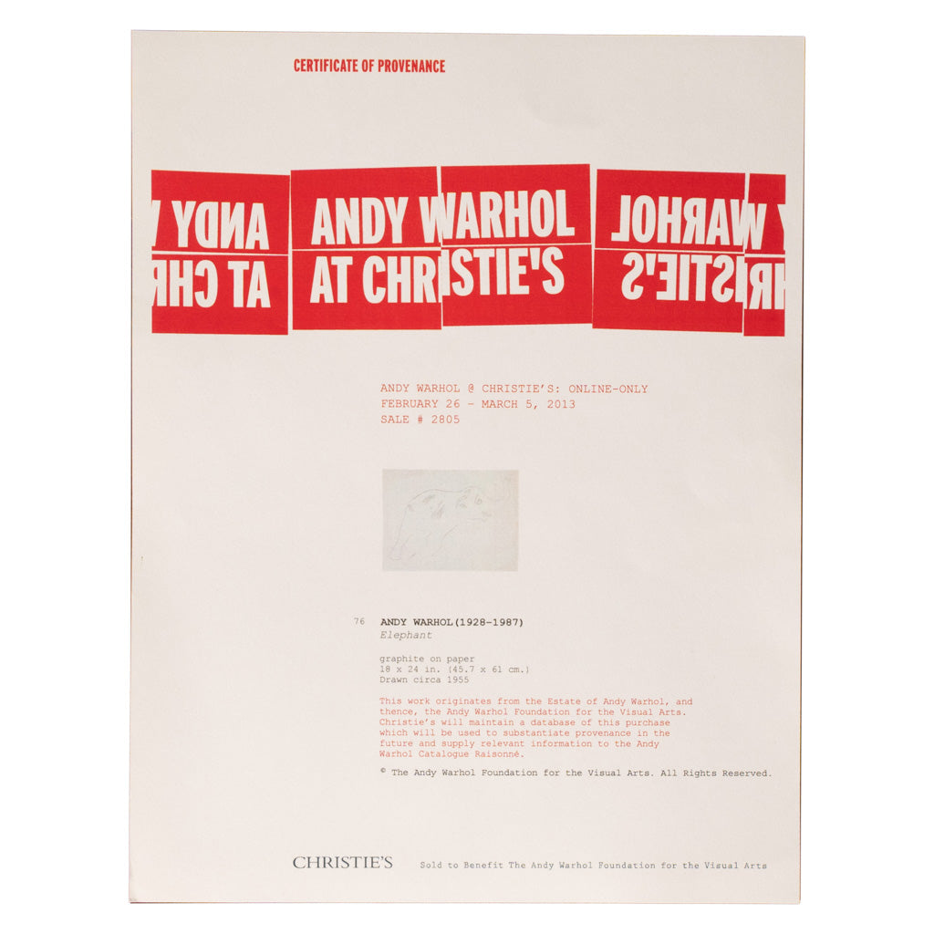 Rare Original Abstract Elephant Graphite Drawing Catalogue Raisonné Ex-Christies by Andy Warhol, 1955