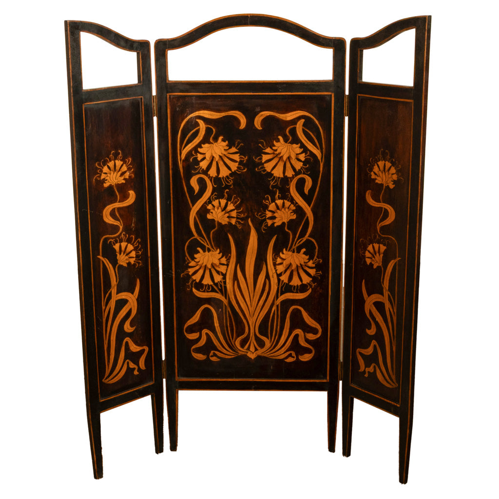 Antique Art Nouveau Mahogany Painted Fire Folding Screen Liberty Co London 1900