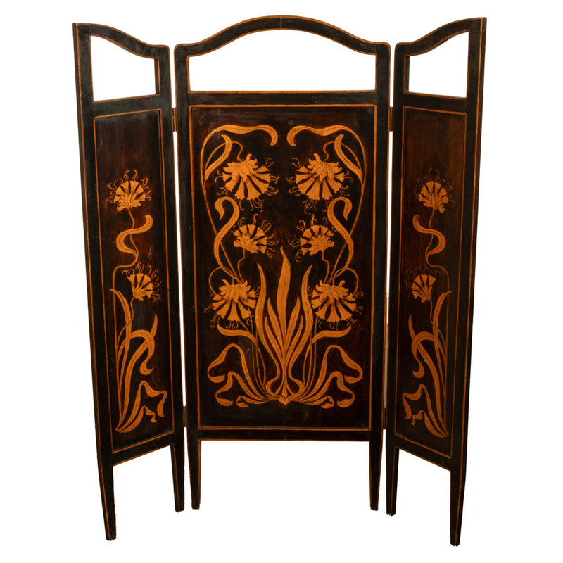 Antique Art Nouveau Mahogany Painted Fire Folding Screen Liberty Co London 1900