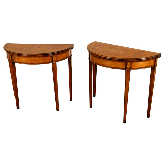 Antique Pair of Georgian Demi-lune Inlaid Mahogany & Stainwood Card Tables 1780 Ex-Christies