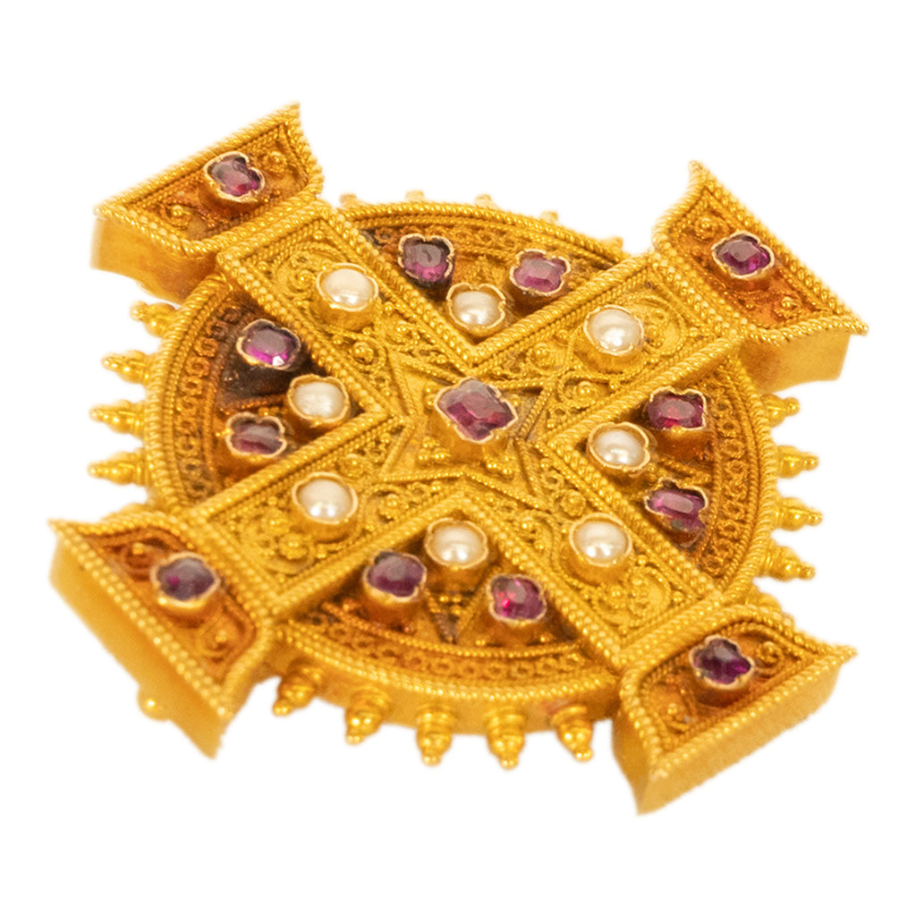 Antique Italian Etruscan Revival 22k Gold Brooch Rubies & Pearls Marchesini 1870
