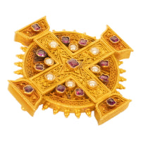 Antique Italian Etruscan Revival 22k Gold Brooch Rubies & Pearls Marchesini 1870