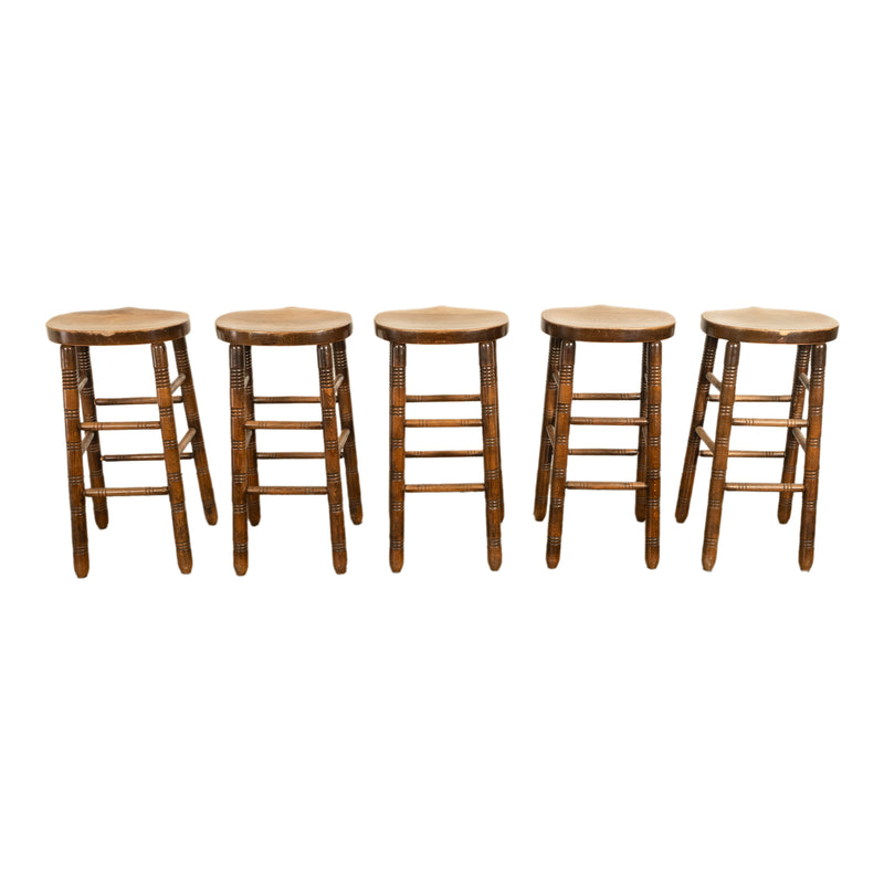 Antique Set of Five Antique Arts & Crafts Turned Elm Bar Sadle Seat Stools 1900