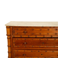 Antique 19th Century French Faux Bamboo Pine White Marble Chest Drawers Commode Circa 1880