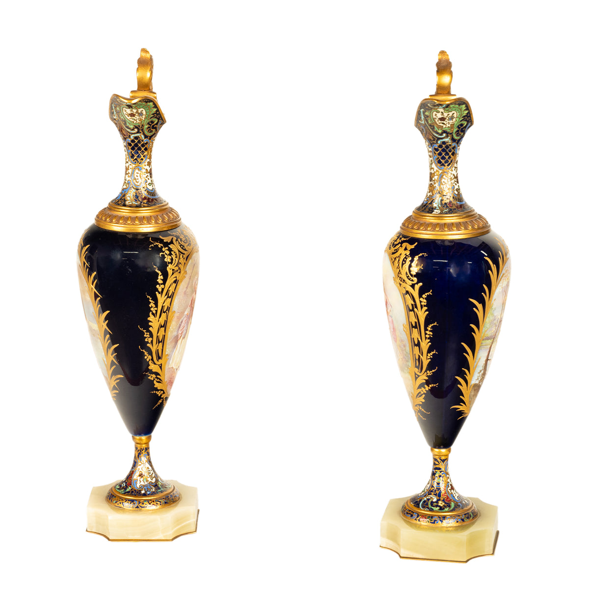 Pair Antique French Sevres Porcelain & Champleve, Ormolu Ewers Signed Rochette Circa 1890