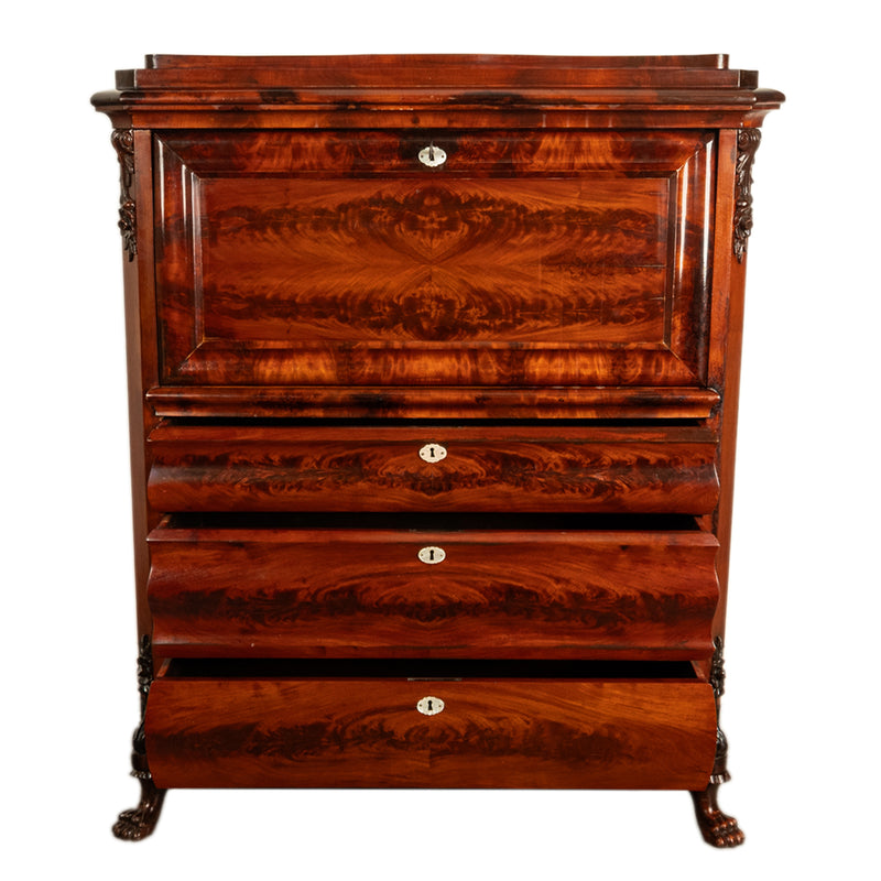 Antique Austrian Biedermeier Flame Mahogany Secretary Abattant Desk Chest 1870