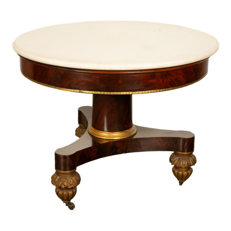 Antique American Classical Mahogany Marble Top Parcel Gilt Round Center Table New York Duncan Phyfe 1825