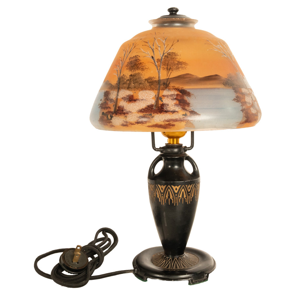 Antique Art Deco Moe Bridges Reverse Painted Landscape Boudoir Table Lamp 1920