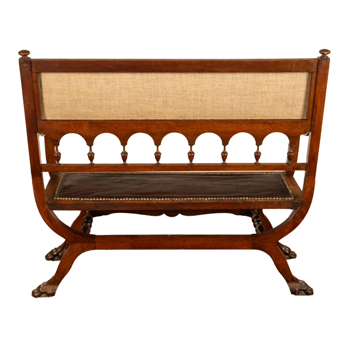 Antique Renaissance Revival Carved Walnut & Leather Hall Window Bench Italy 1880