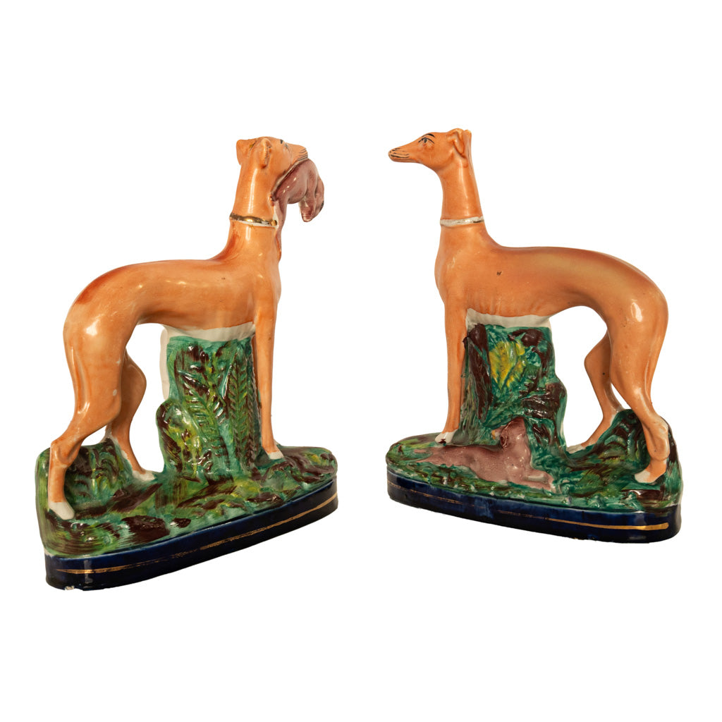 Antique 19thC Pair of Staffordshire Whippets Greyhounds Hunting Dog Figures 1860