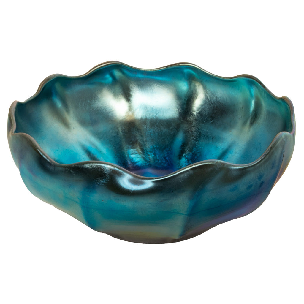 Antique Tiffany Studios Blue Iridescent Favrile Art Glass Bowl Signed "LCT" 1905