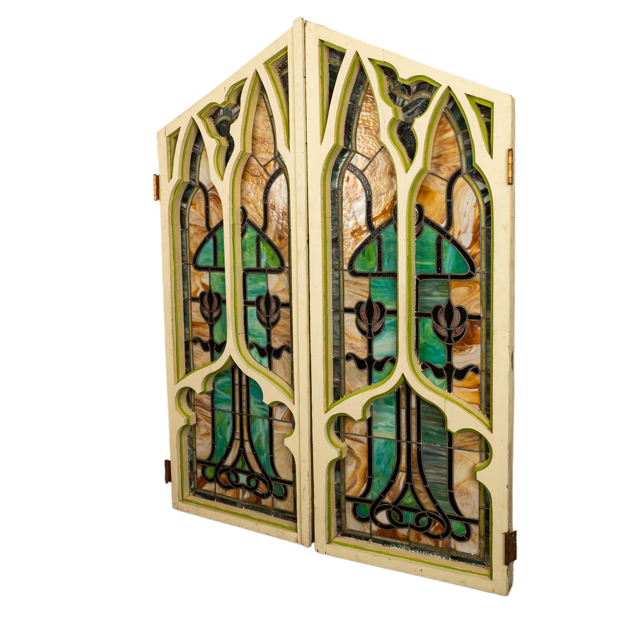 Pair Antique American Stained Glass Gothic Art Nouveau Doors Windows Povey Bros Circa 1900