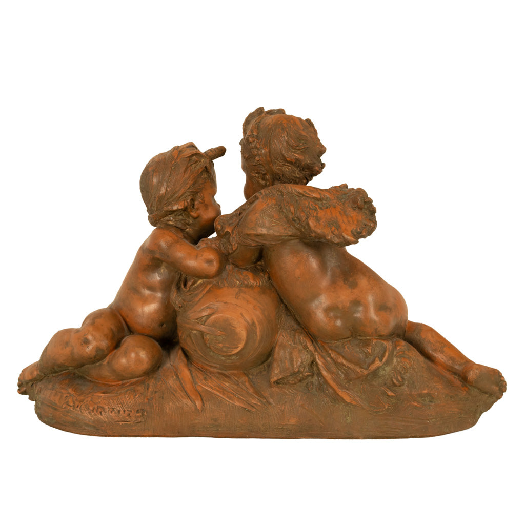 Antique 19thC French Naturalism Terracotta Sculpture "La Source" Putti Sculpture by Albert-Ernest Carrier-Belleuse,1864