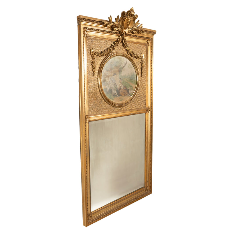 Large 6ft+ Antique Louis XV French Gilded Hand-Painted Trumeau Wall Mirror 1860