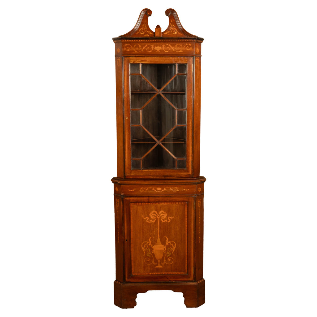 Antique Edwardian Regency Revival Inlaid Marquetry Mahogany Corner Cabinet 1890