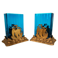 Antique American Art Deco Brass Glass Vases Ship Bookends Bradley & Hubbard 1925