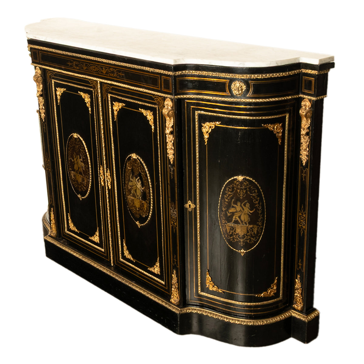 19th Century French Napoleon III Ormolu & Marble Ebonized Cabinet Sideboard 1860