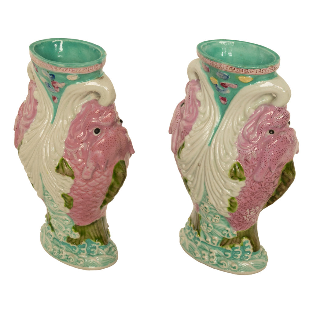 Pair Antique Chinese Qing Dynasty Wucai Glaze Porcelain Double Dragon Fish Vases, 1890