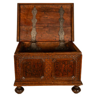 Antique Carved Walnut & Iron Coffer Chest Strong Guild Box Simmern Germany 1737