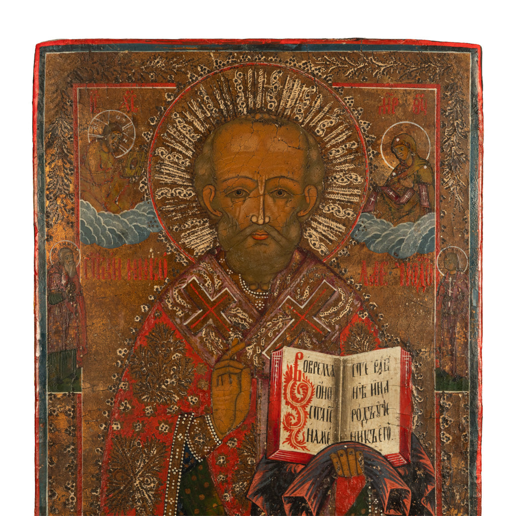 Antique 19thC Russian Orthodox Egg Tempera Painted Icon St Nicholas of Myra 1820