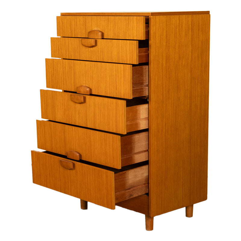 Mid Century Modern Danish Tall Boy Teak Chest of Drawers Six Drawer Dresser 1960